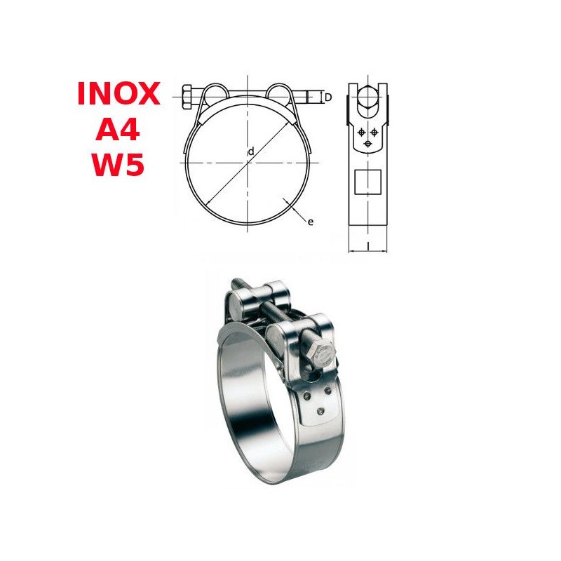 Colliers 23-25mm Inox A4 W5 à tourillons pour tuyaux épais et armés par 10