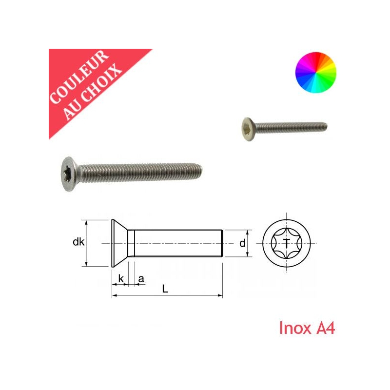 Vis à métaux M4x12 couleur au choix tête fraisée Torx Inox A4 par 600