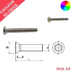 Vis à métaux M4x12 couleur au choix tête fraisée Torx Inox A4 par 600