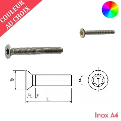 Vis à métaux M4x40 couleur au choix tête fraisée Torx Inox A4 par 600