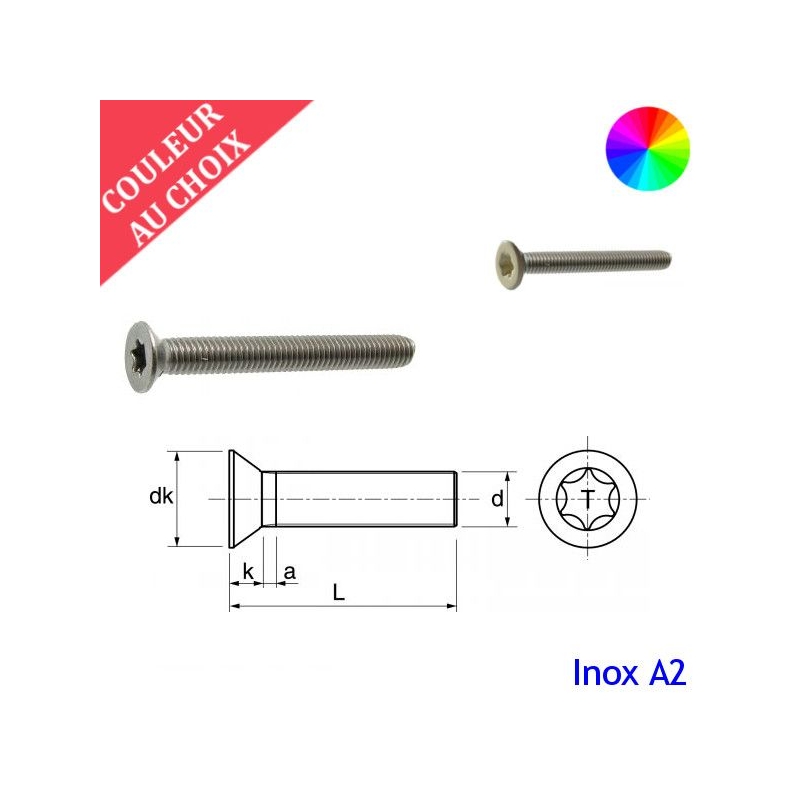 Vis à métaux M4x12 couleur au choix tête fraisée Torx Inox A2 par 1000