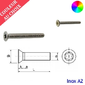 Vis à métaux M4x12 couleur au choix tête fraisée Torx Inox A2 par 1000