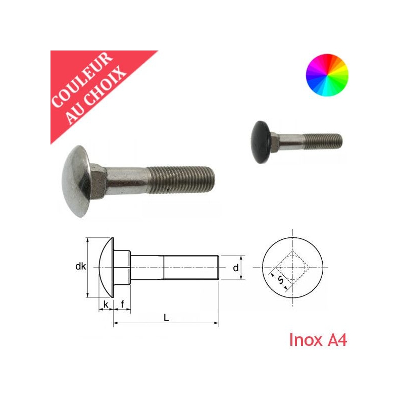 Vis à métaux M5x20 mm couleur au choix tête Ronde collet carré Inox A4 par 600