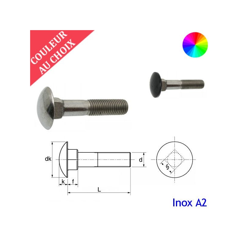 Vis à métaux M5x60 mm couleur au choix tête Ronde collet carré Inox A2 par 600