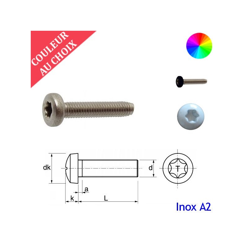 Vis à métaux M4x20 mm couleur au choix tête cylindrique Torx Inox A2 par 1000