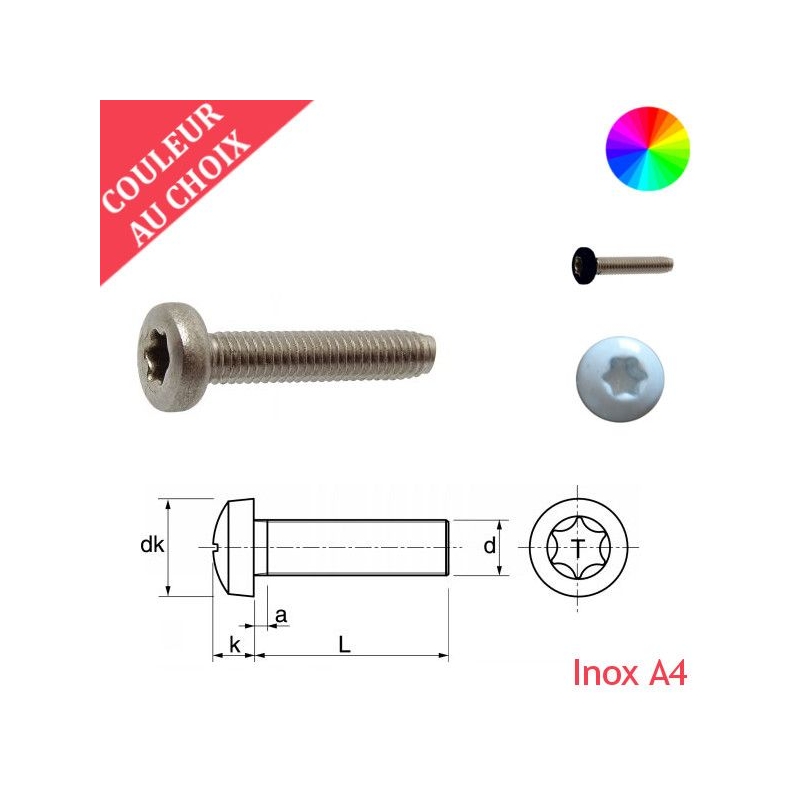 Vis à métaux M4x12 mm couleur au choix tête cylindrique Torx Inox A4 par 1000