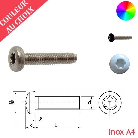 Vis à métaux M4x12 mm couleur au choix tête cylindrique Torx Inox A4 par 1000