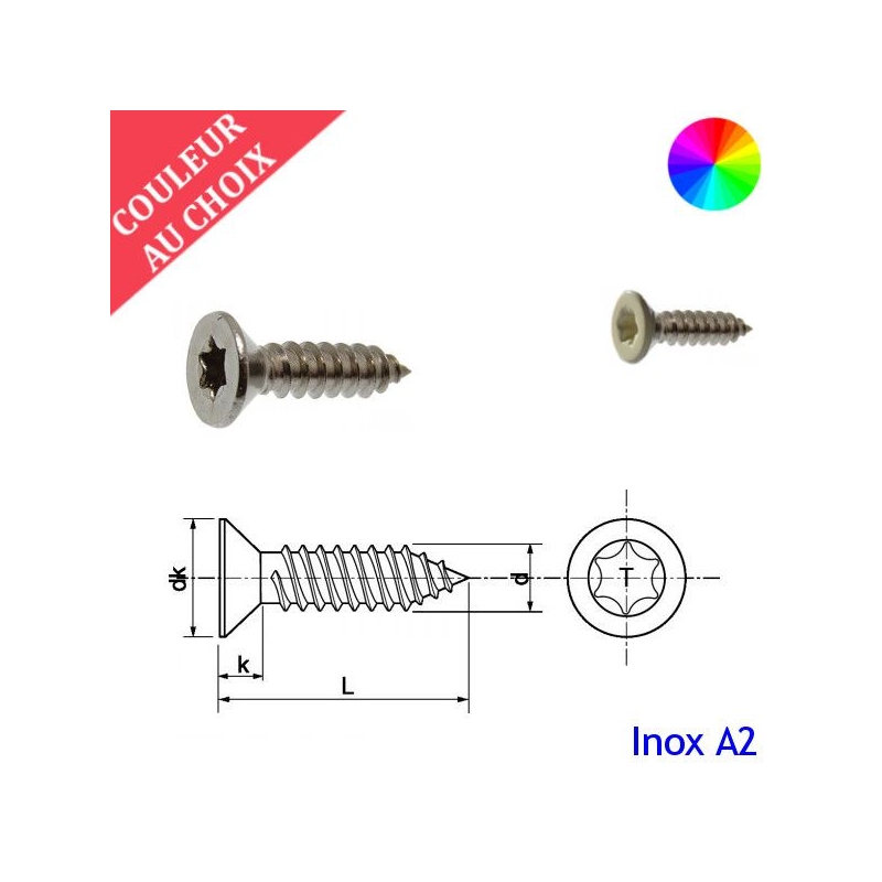 Vis à tôle 3,5x9,5 mm couleur au choix tête fraisée Torx Inox A2 par 1000