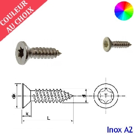 Vis à tôle 3,5x19 mm couleur au choix tête fraisée Torx Inox A2 par 1000