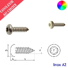 Vis à tôle 3,5x9,5 mm couleur au choix tête cylindrique Torx Inox A2 par 1000