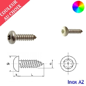 Vis à tôle 3,5x9,5 mm couleur au choix tête cylindrique Torx Inox A2 par 1000