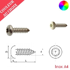 Vis à tôle 3,5x9,5 mm couleur au choix tête cylindrique Torx Inox A4 par 1000