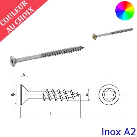 Vis bois 3,5x30 mm couleur au choix tête fraisée Torx Inox A2 par 1000