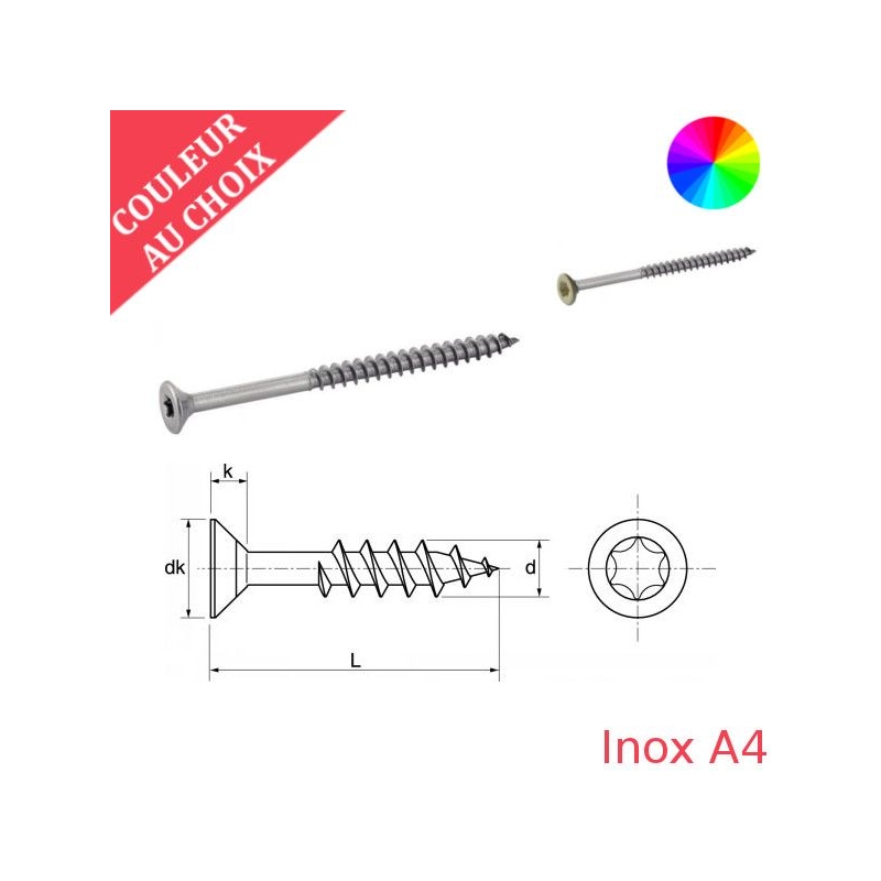 Vis bois 4x30 mm couleur au choix tête fraisée Torx Inox A4 par 1000