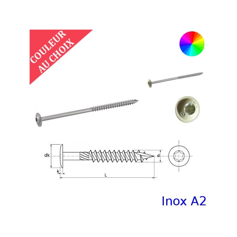 Vis charpente 8x140 mm couleur au choix tête Rondelle Inox A2 par 50