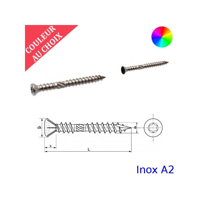 Vis terrasse 5X50 mm couleur au choix tête fraisée Torx Inox A2 par 400