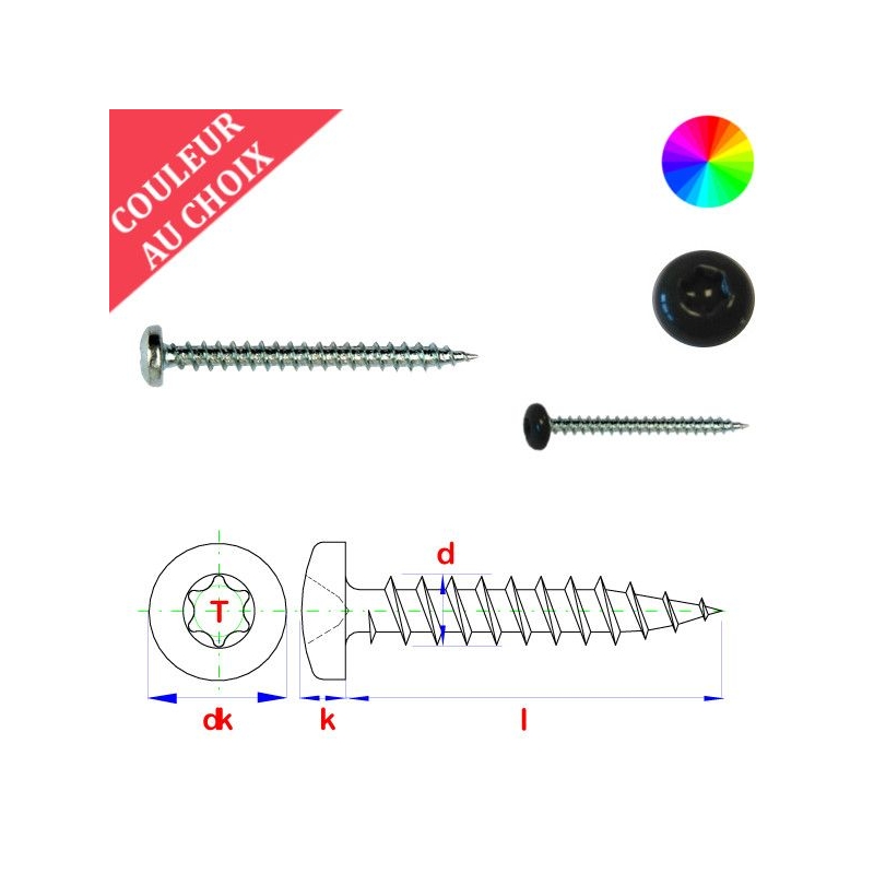 Vis bois 3,5x16 mm tête cylindrique couleur au choix torx par 1000