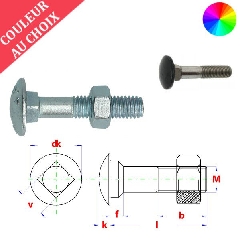 Boulons M5x40 mm couleur au choix tête bombée collet carré zingué par 1000