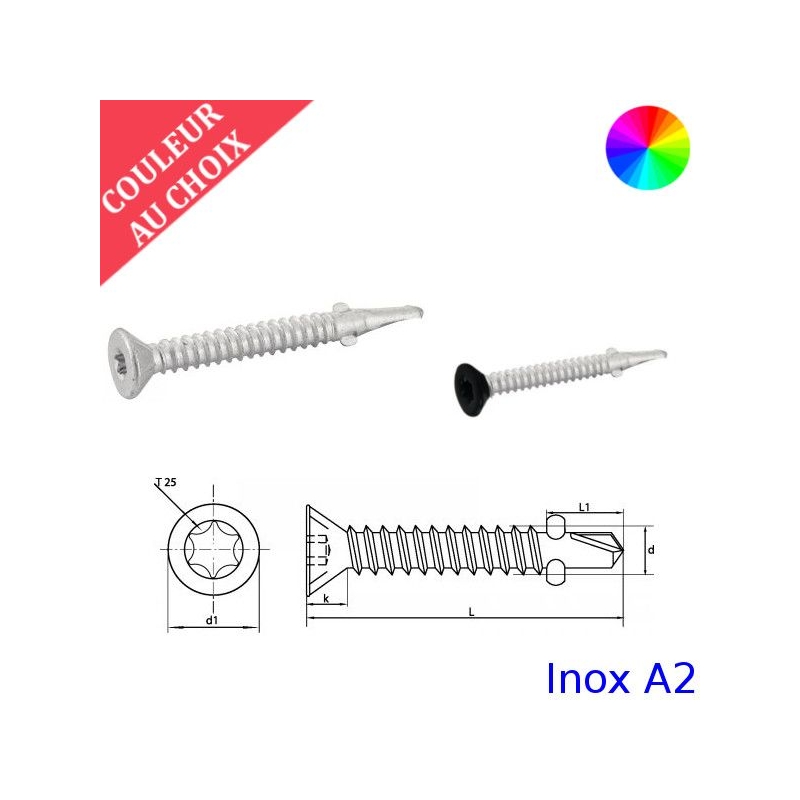 Vis autoperceuses 5,5x50 mm couleur au choix tête fraisée Inox A2 Bi-métal pointes par 100