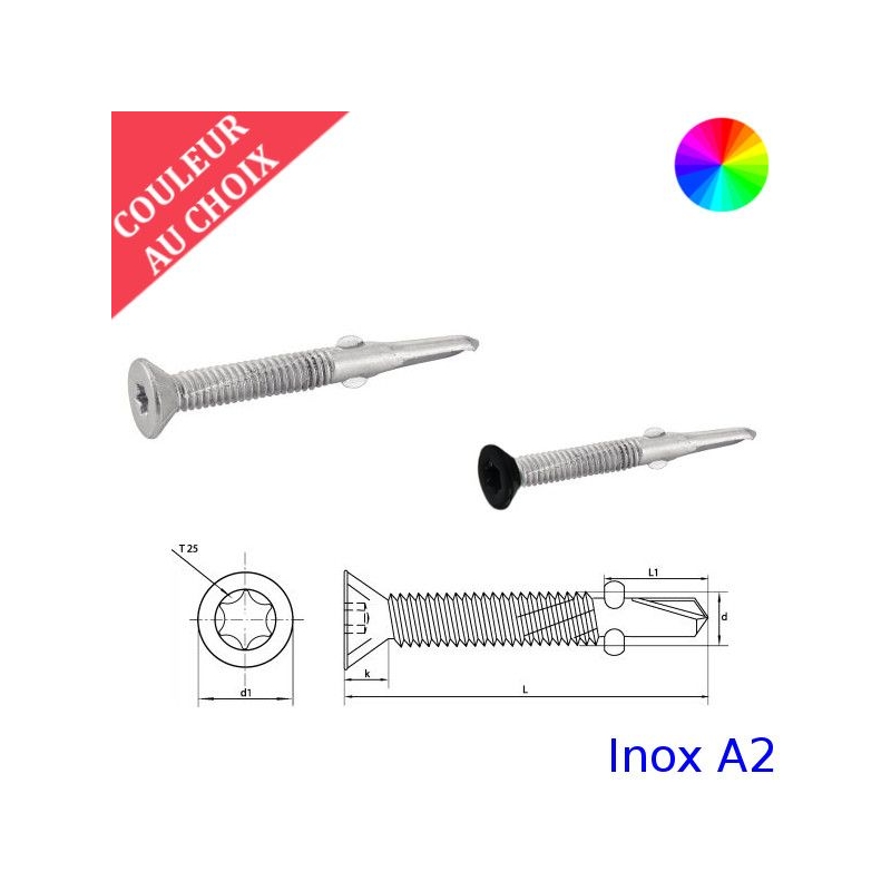 Vis autoperceuses 4,8x28 mm couleur au choix tête fraisée Inox A2 Bi-métal  par 400