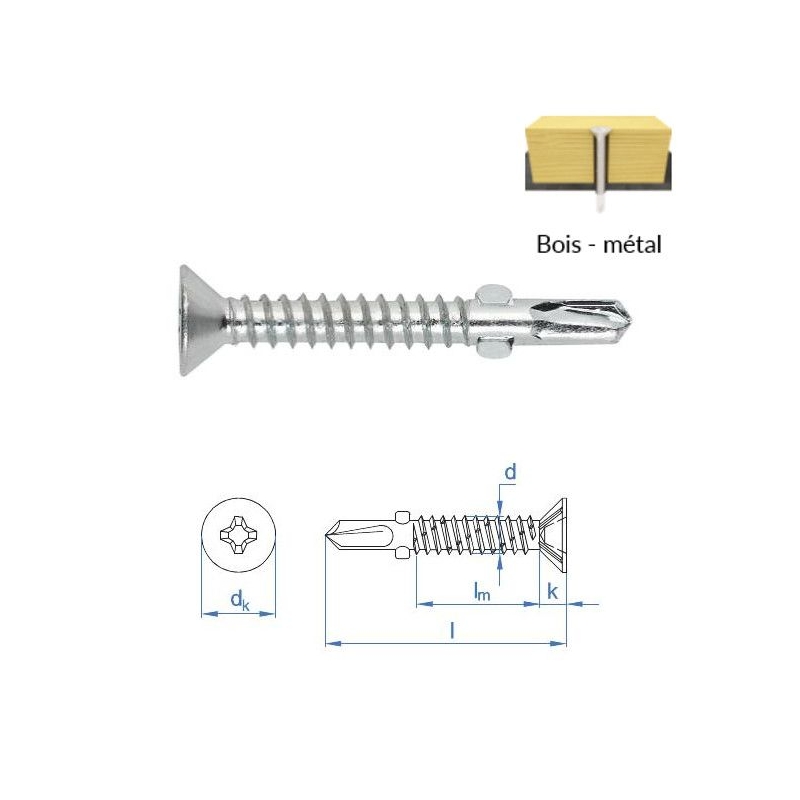 Vis autoperceuses 6,3x85 mm zingué bois sur métal par 250