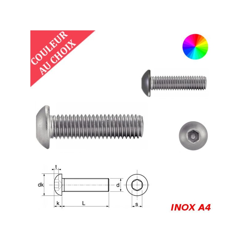 Vis à métaux M4x10 couleur au choix tête bombée six pans creux Inox A4 par 400