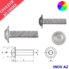 Vis à métaux M4x10 couleur au choix tête bombée à embase six pans creux Inox A2 par 600