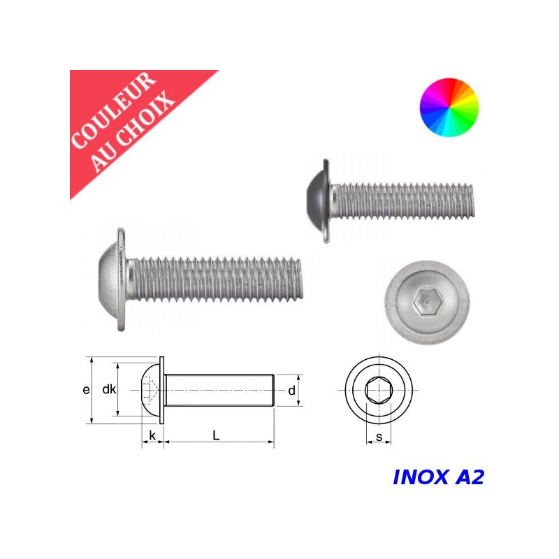 Vis à métaux M4x10 couleur au choix tête bombée à embase six pans creux Inox A2 par 600