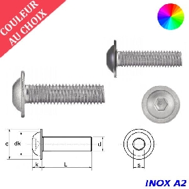 Vis à métaux M4x10 couleur au choix tête bombée à embase six pans creux Inox A2 par 600