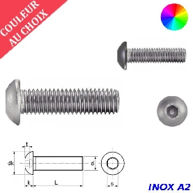 Vis à métaux M6x50 couleur au choix tête bombée six pans creux Inox A2 par 300