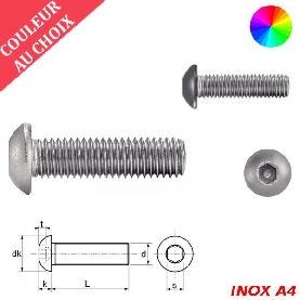 Vis à métaux M4x12 couleur au choix tête bombée six pans creux Inox A4 par 400