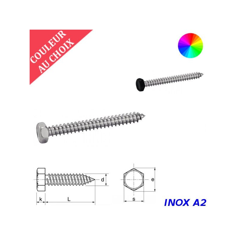 Vis à tôle 3,5x13 mm couleur au choix tête hexagonale Inox A2 par 600