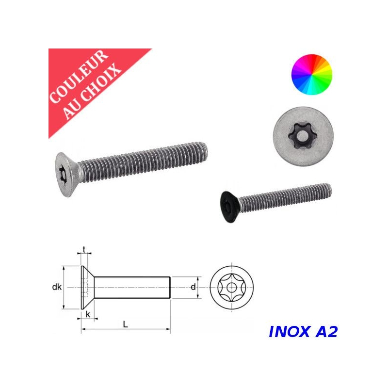 Vis de sécurité M3x10 couleur au choix tête fraisée Torx à téton central Inox A2 par 500