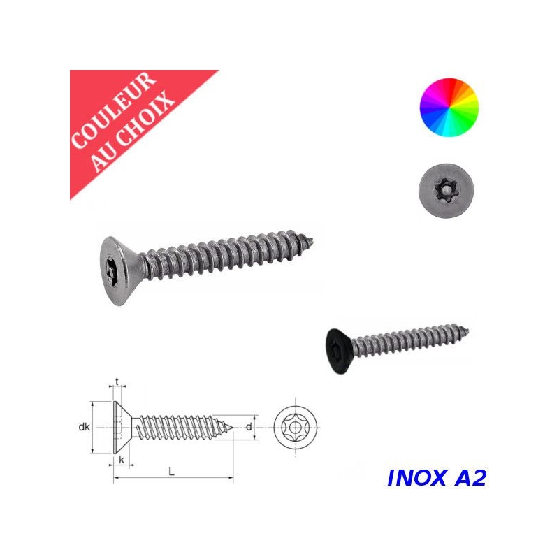 Vis à tôle de sécurité 3,5x13 mm couleur au choix tête fraisée Torx à téton central Inox A2 par 300