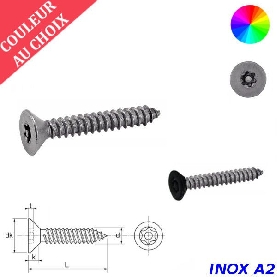 Vis à tôle de sécurité 3,5x13 mm couleur au choix tête fraisée Torx à téton central Inox A2 par 300