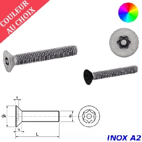 Vis de sécurité M5x50 couleur au choix tête fraisée Torx à téton central Inox A2 par 200