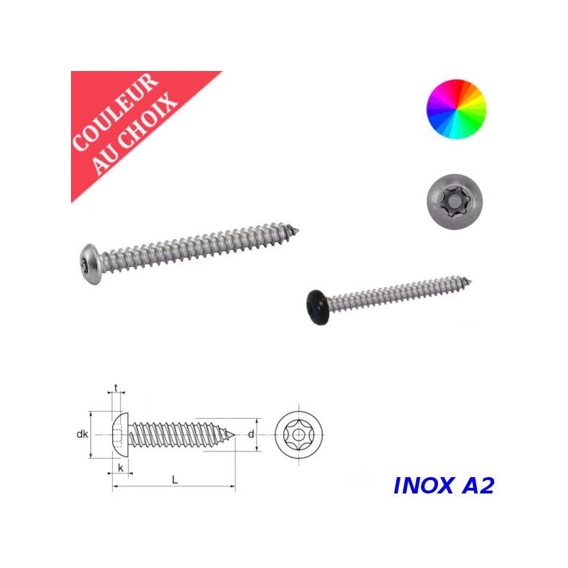 Vis tôle de sécurité 4,2x32 mm couleur au choix tête cylindrique Torx à téton central Inox A2 par 200