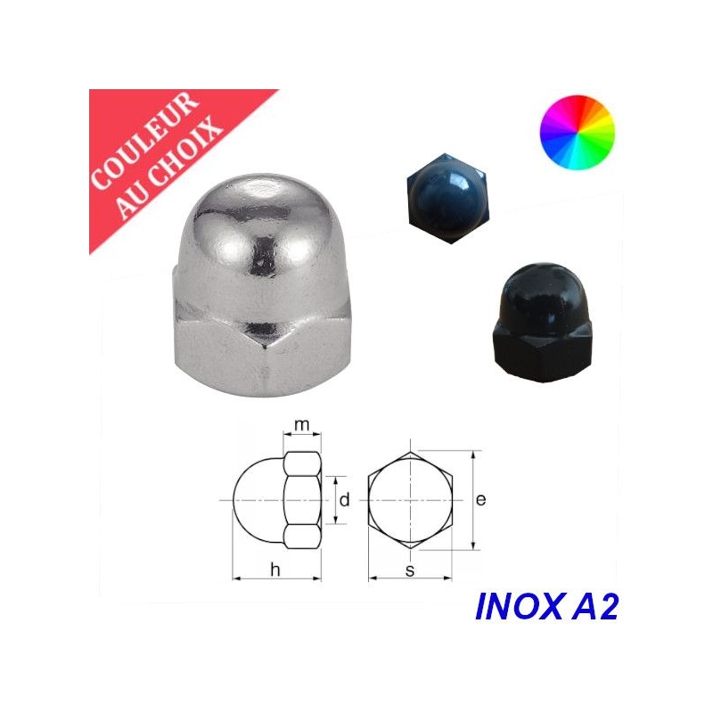 Ecrous borgnes M4 couleur au choix Inox A2 par 200