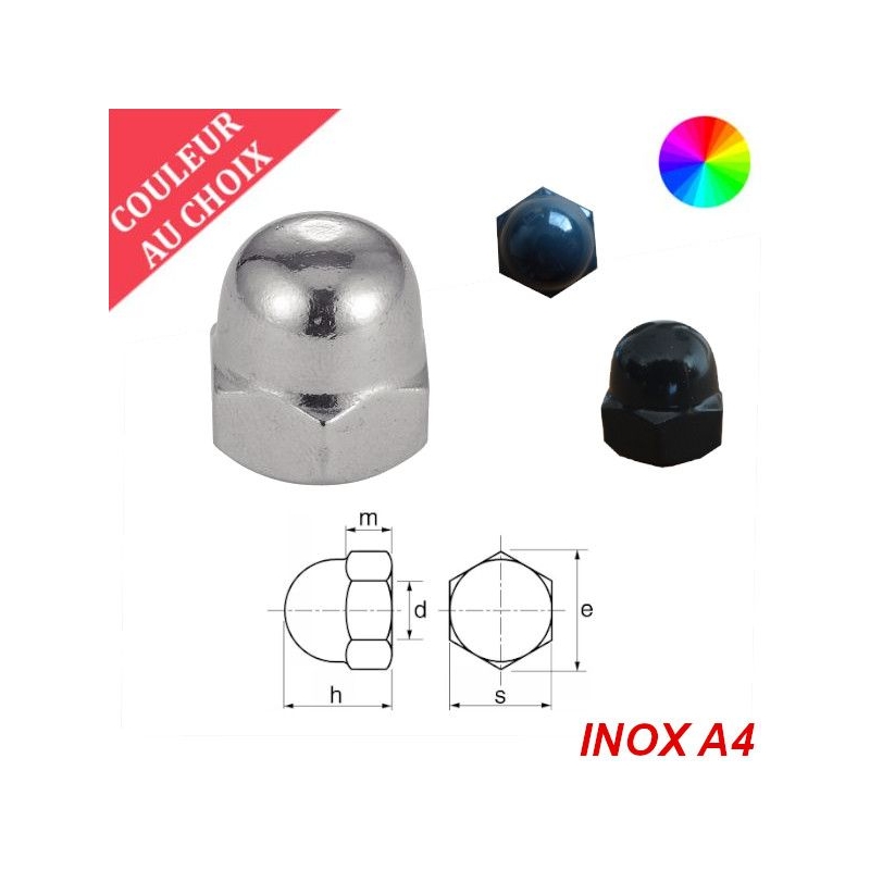 Ecrous borgnes M4 couleur au choix Inox A4 par 200