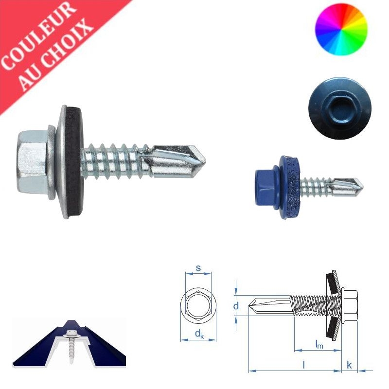 Vis autoperceuses 4,8x19 mm avec rondelle EPDM couleur au choix tête hexagonale zinguée support acier par 500