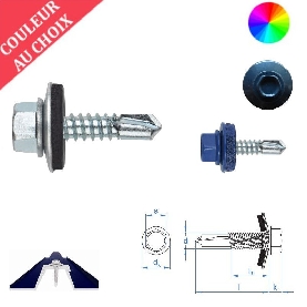 Vis autoperceuses 4,8x19 mm avec rondelle EPDM couleur au choix tête hexagonale zinguée support acier par 500