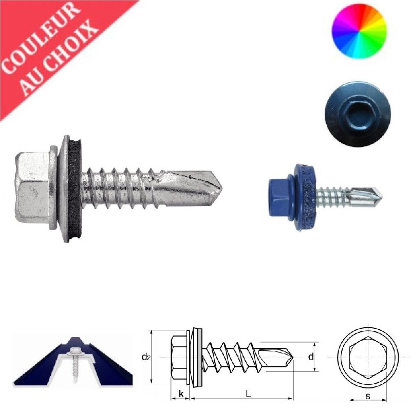 Vis autoperceuses 6,3x25 mm avec rondelle EPDM couleur au choix tête hexagonale zinguée support acier par 500