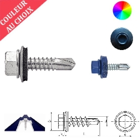 Vis autoperceuses 6,3x25 mm avec rondelle EPDM couleur au choix tête hexagonale zinguée support acier par 500