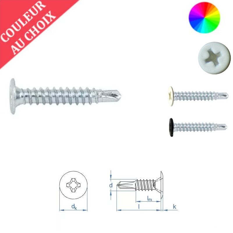 Vis autoperceuses 4,2x14 mm couleur au choix tête extra-plate zinguée Ph par 500