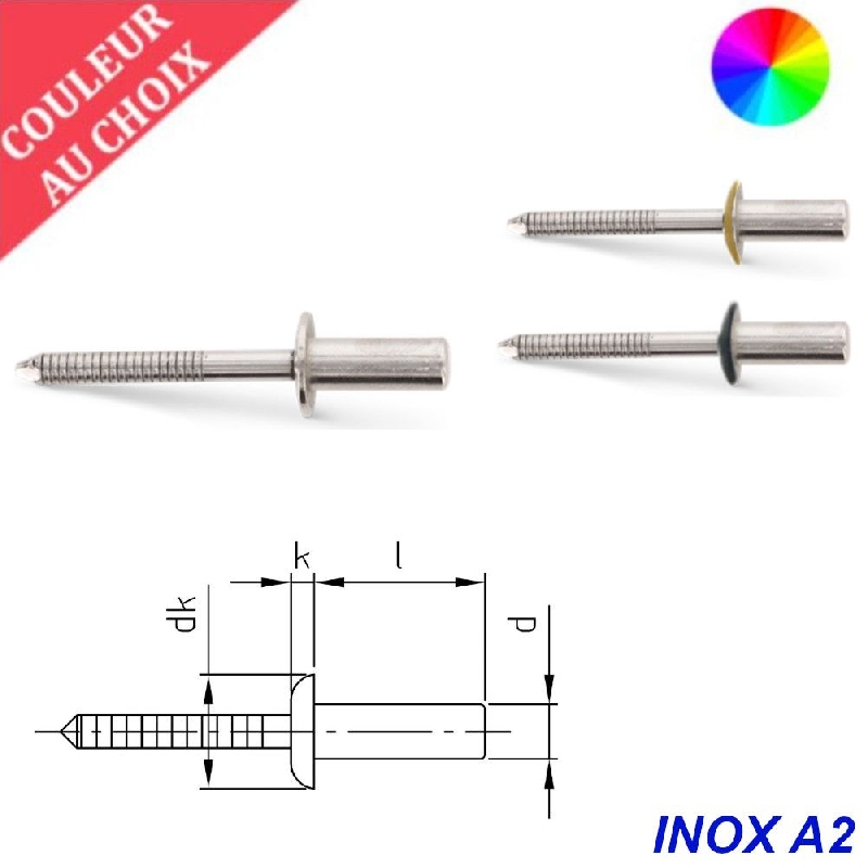 Rivets 3,2x8 mm couleur au choix étanche Inox A2 par 250