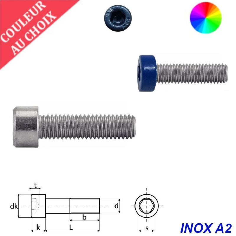 Vis à métaux M4x10 couleur au choix tête cylindrique six pans creux Inox A2 par 600