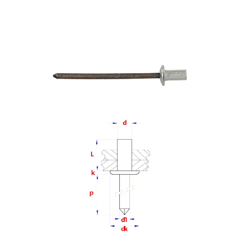 Rivets aveugles étanches 3,2x8 mm Alu/Acier par 500