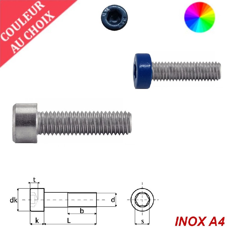 Vis à métaux M3x10 couleur au choix tête cylindrique six pans creux Inox A4 par 1000