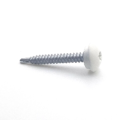 Vis autoperceuses 4,8x38 mm RAL 9010 blanc pur avec rondelle étancheité tête bombée zinguée sur support bois par 50