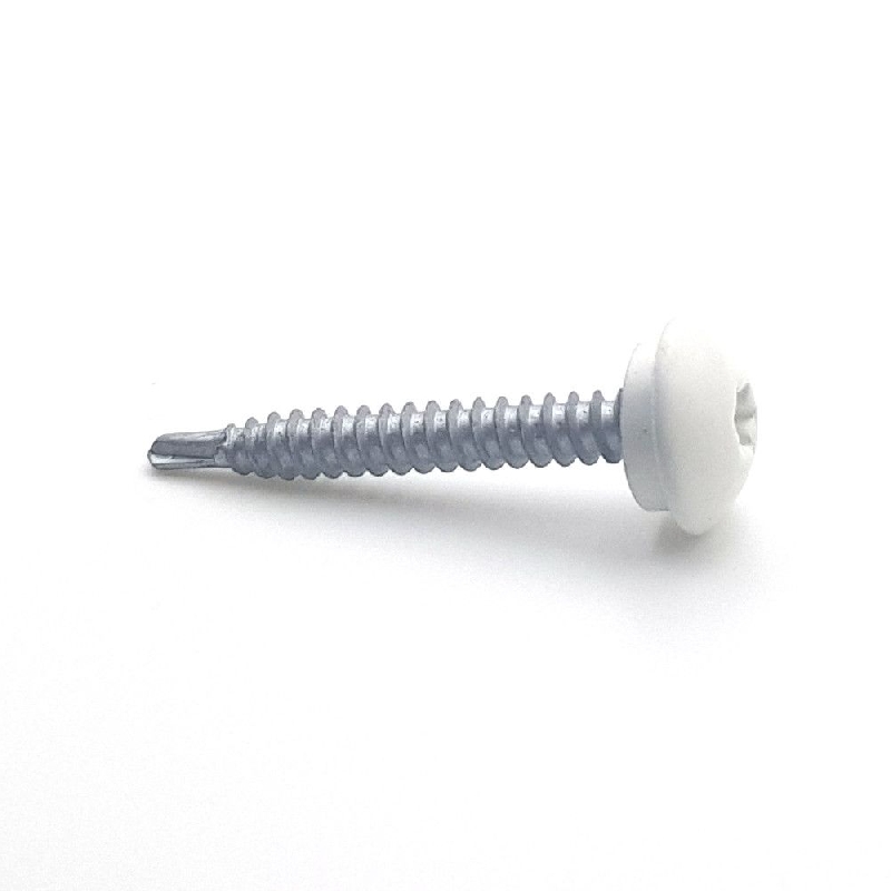 Vis autoperceuses 4,8x38 mm RAL 9010 blanc pur avec rondelle étancheité tête bombée zinguée sur support bois par 50